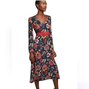 Aldomartins Millefluer Striped Floral Coquette Maximalist Midi Dress Medium Navy